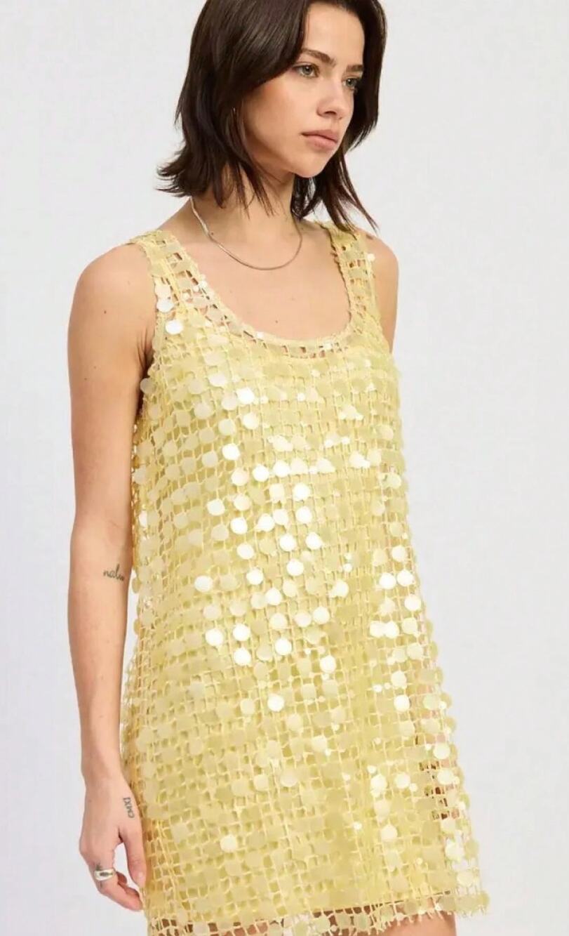 SHEIN Open Knit Sleeveless Sequin Mesh Mini Dress in Yellow Size S